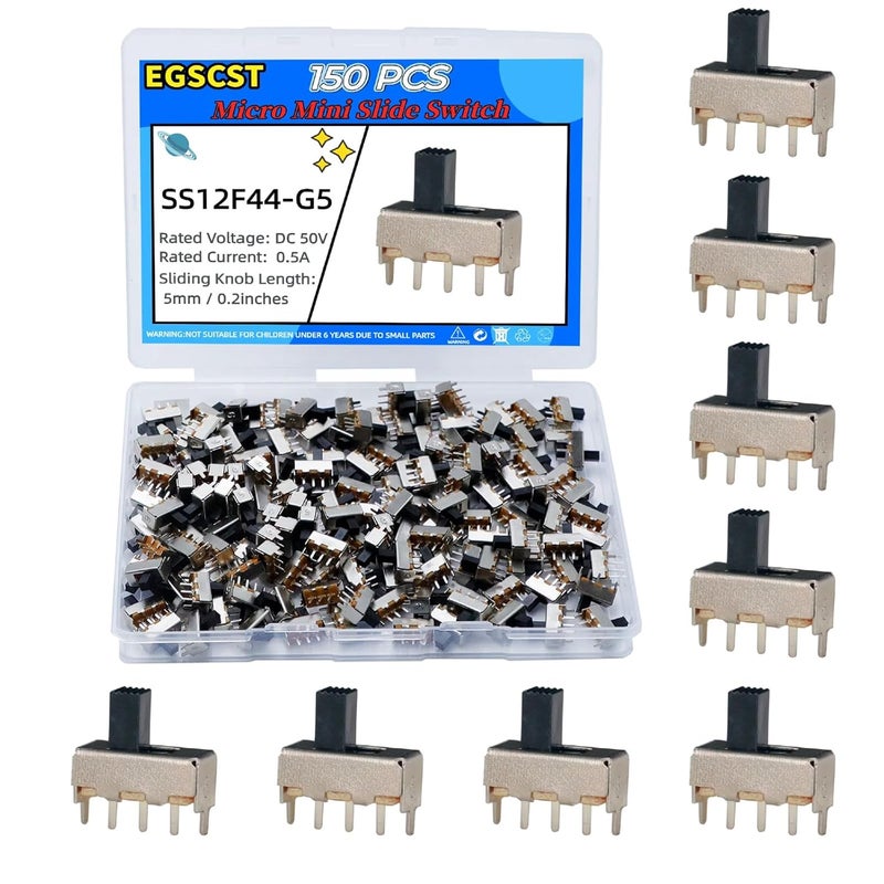 EGSCST 150PCS Micro Mini Slide Switch SPDT Toggle Switches 1p2t 2 Position 3 Pin Small Miniature Vertical Panel Mount Dip Knob for Arduino PCB Breadboard Electronic Project - SS12F44 5mm DC 50V 0.5A - Image 1
